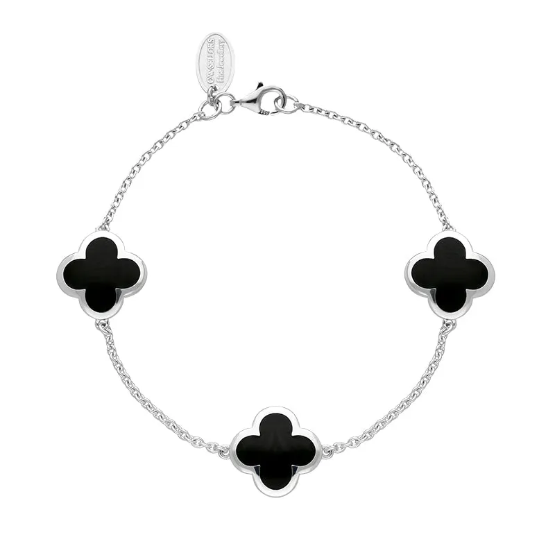 18ct White Gold Whitby Jet Bloom Four Leaf Clover Chain Bracelet sold by Jura Watches