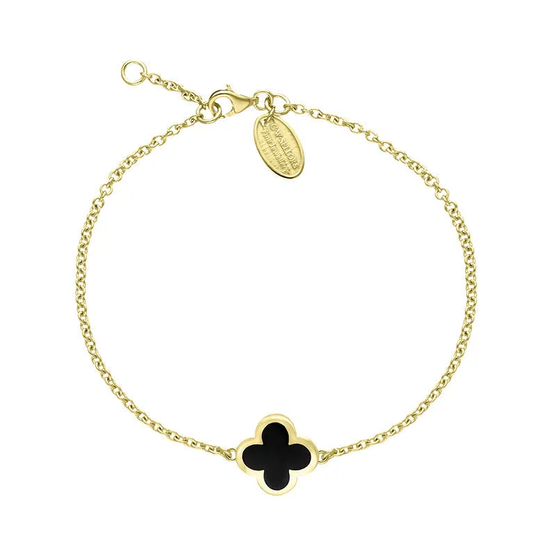 18ct Yellow Gold Whitby Jet Bloom Four Leaf Clover Polished Edge Bracelet sold by Jura Watches