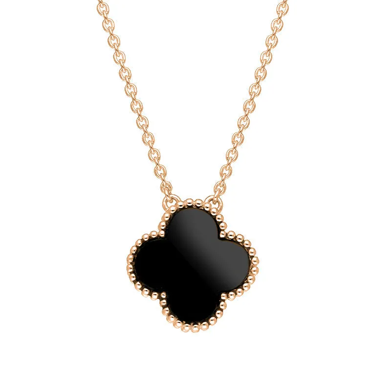 18ct Rose Gold Whitby Jet Bloom Large Four Leaf Clover Ball Edge Chain Necklet sold by Jura Watches