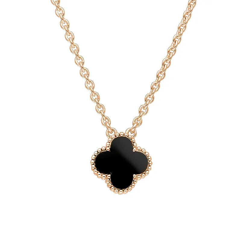 18ct Rose Gold Whitby Jet Bloom Small Four Leaf Clover Ball Edge Chain Necklace sold by Jura Watches