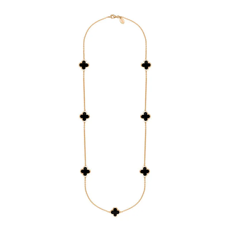 18ct Rose Gold Whitby Jet Bloom Four Leaf Clover Long Necklace sold by Jura Watches