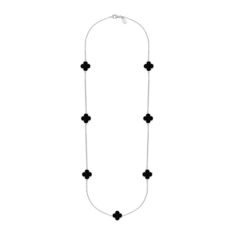 18ct White Gold Whitby Jet Bloom Four Leaf Clover Ball Edge Long Necklace sold by Jura Watches