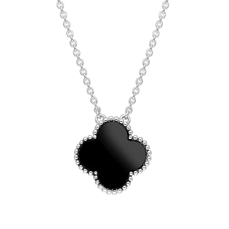 18ct White Gold Whitby Jet Bloom Large Four Leaf Clover Ball Edge Chain Necklet sold by Jura Watches