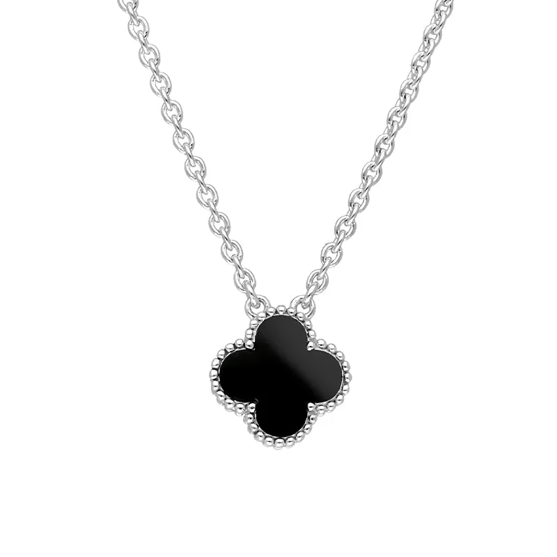 18ct White Gold Whitby Jet Bloom Small Four Leaf Clover Ball Edge Chain Necklace sold by Jura Watches