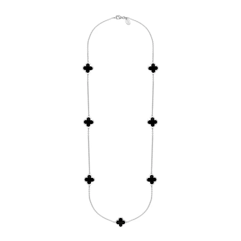 18ct White Gold Whitby Jet Bloom Four Leaf Clover Long Necklace sold by Jura Watches
