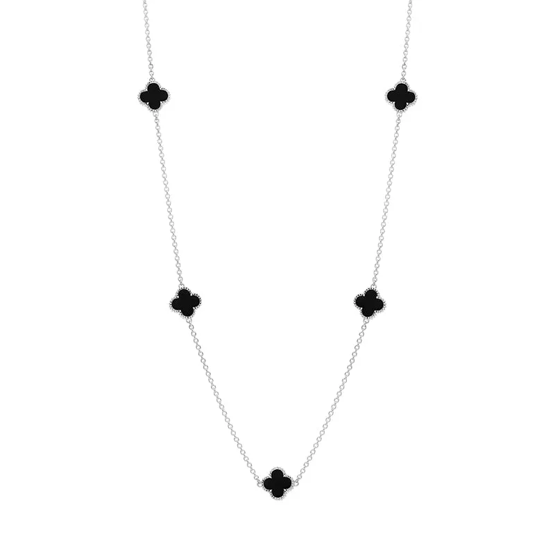 18ct White Gold Whitby Jet Bloom Four Leaf Clover Ball Edge Necklace sold by Jura Watches