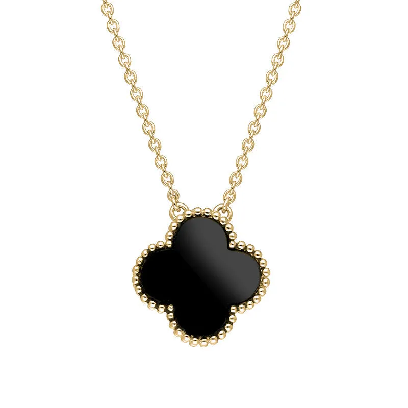 18ct Yellow Gold Whitby Jet Bloom Large Four Leaf Clover Ball Edge Chain Necklet sold by Jura Watches