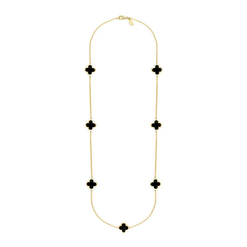 18ct Yellow Gold Whitby Jet Bloom Four Leaf Clover Long Necklace sold by Jura Watches