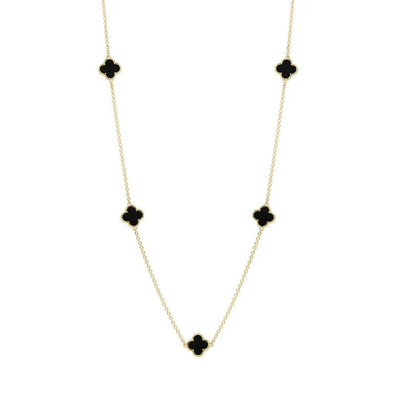 18ct Yellow Gold Whitby Jet Bloom Four Leaf Clover Ball Edge Necklace sold by Jura Watches