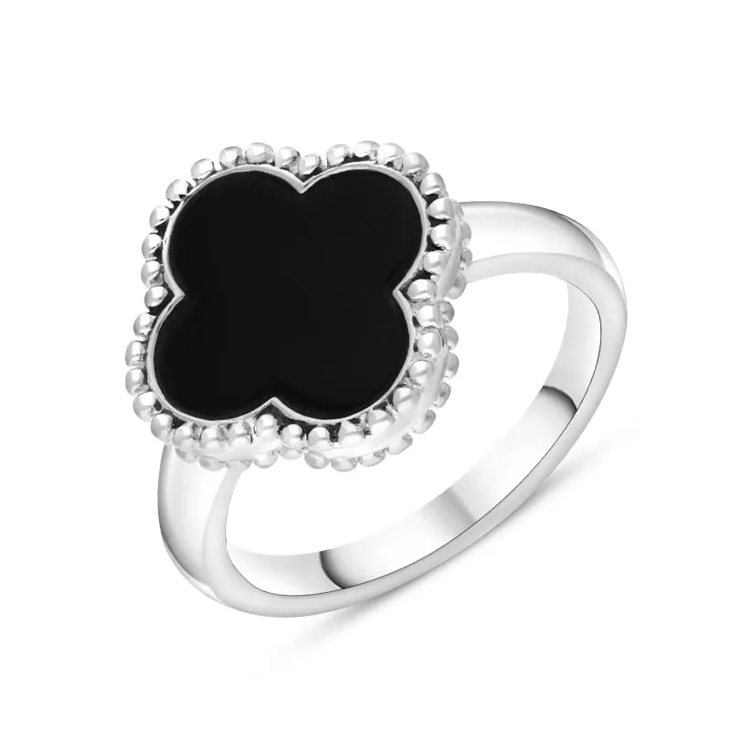 18ct White Gold Whitby Jet Bloom Four Leaf Clover Ball Edge Ring sold by Jura Watches