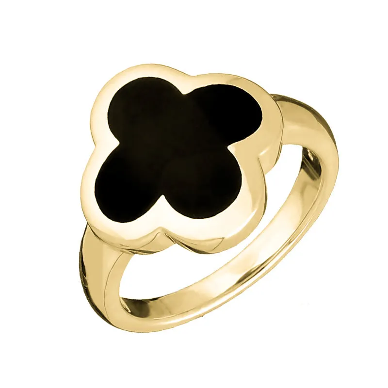 18ct Yellow Gold Whitby Jet Bloom Four Leaf Clover Ring sold by Jura Watches