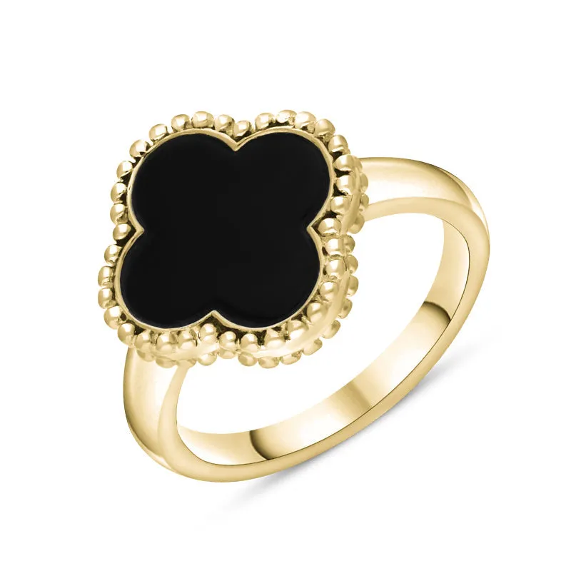 18ct Yellow Gold Whitby Jet Bloom Four Leaf Clover Ball Edge Ring sold by Jura Watches