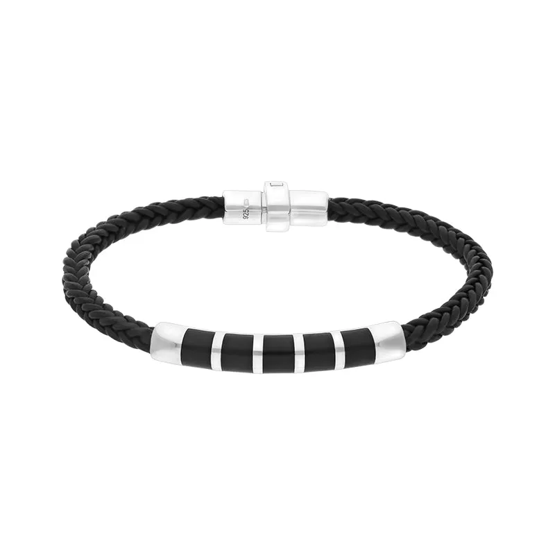 Sterling Silver Whitby Jet Plaited Leather Bar Bracelet sold by Jura Watches