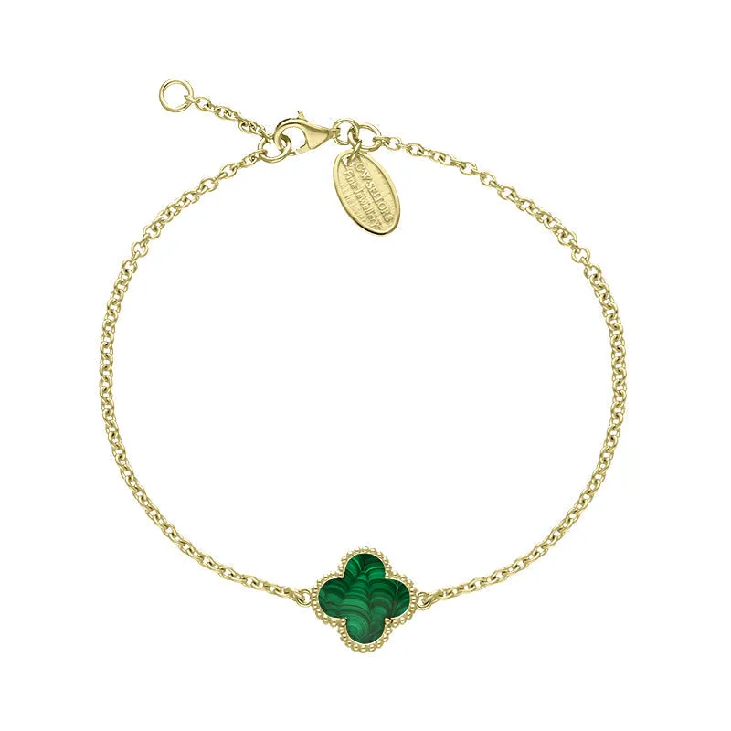 9ct Yellow Gold Malachite Bloom Four Leaf Clover Ball Edge Chain Bracelet sold by Jura Watches