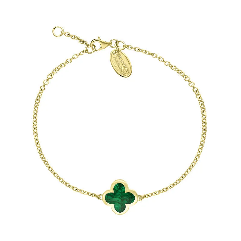9ct Yellow Gold Malachite Bloom Four Leaf Clover Polished Edge Bracelet sold by Jura Watches