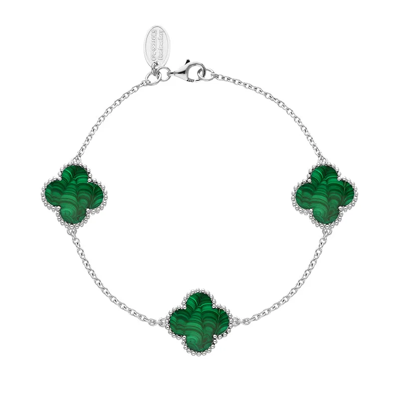Sterling Silver Malachite Bloom Four Leaf Clover Ball Edge Chain Bracelet sold by Jura Watches