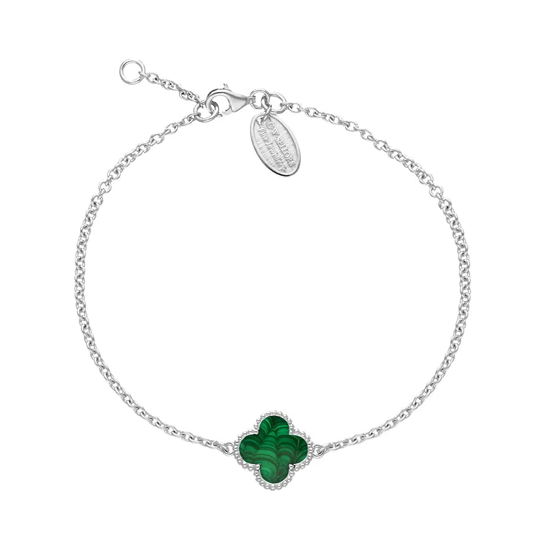 Sterling Silver Malachite Bloom Four Leaf Clover Ball Edge Chain Bracelet sold by Jura Watches