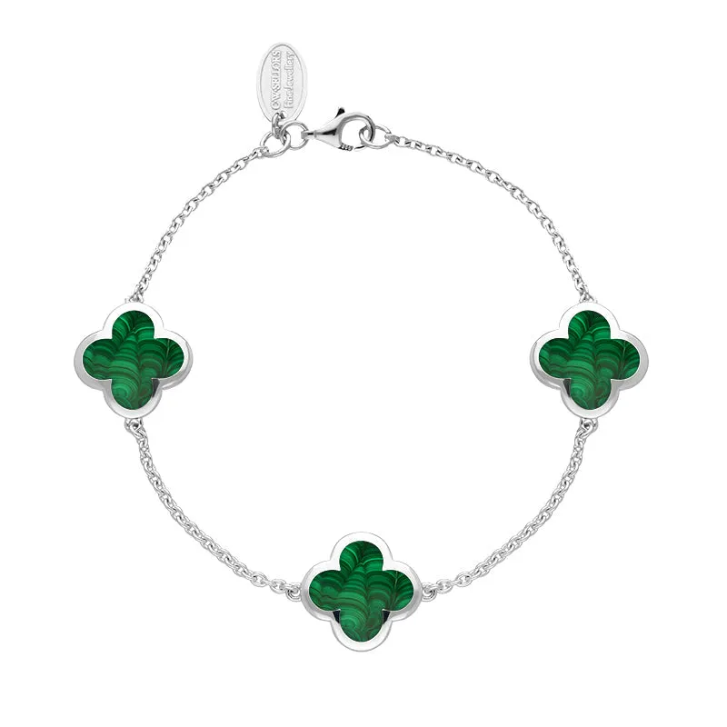 18ct White Gold Malachite Bloom Four Leaf Clover Chain Bracelet sold by Jura Watches