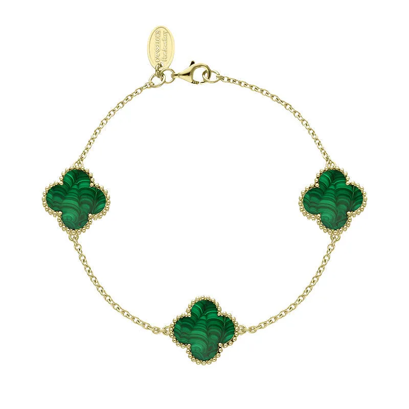 18ct Yellow Gold Malachite Bloom Four Leaf Clover Ball Edge Chain Bracelet sold by Jura Watches