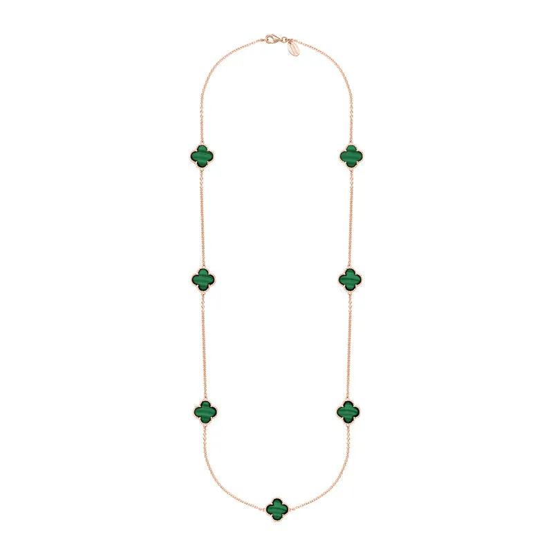 9ct Rose Gold Malachite Bloom Four Leaf Clover Ball Edge Long Necklace sold by Jura Watches