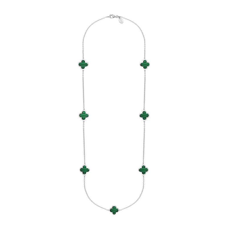 9ct White Gold Malachite Bloom Four Leaf Clover Long Necklace sold by Jura Watches
