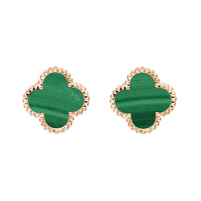 9ct Rose Gold Malachite Bloom Four Leaf Clover Ball Edge Stud Earrings sold by Jura Watches