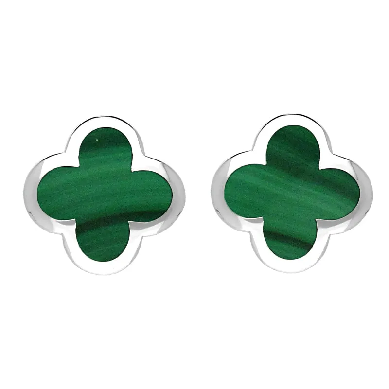 Sterling Silver Malachite Bloom Four Leaf Clover Stud Earrings sold by Jura Watches