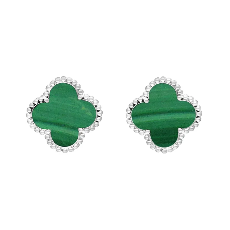 Sterling Silver Malachite Bloom Four Leaf Clover Ball Edge Stud Earrings sold by Jura Watches