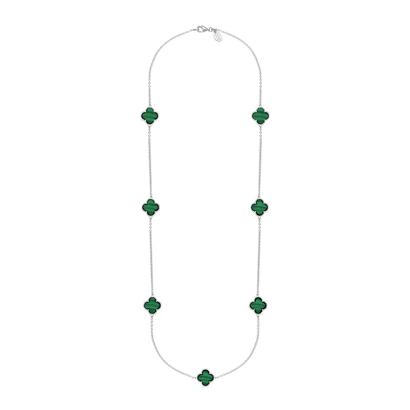 Sterling Silver Malachite Bloom Four Leaf Clover Ball Edge Long Necklace sold by Jura Watches