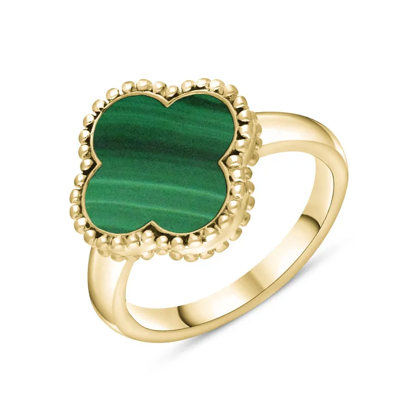 9ct Yellow Gold Malachite Bloom Four Leaf Clover Ball Edge Ring sold by Jura Watches