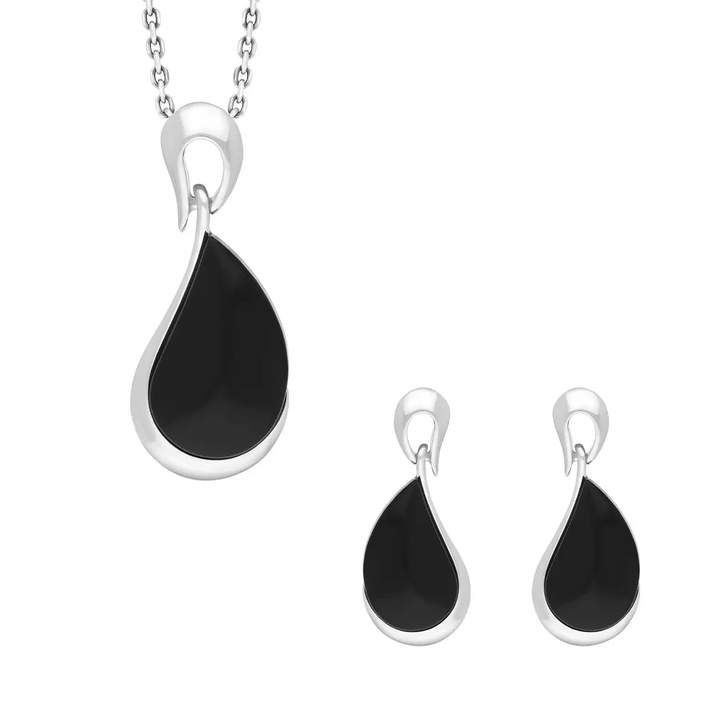 Sterling Silver Whitby Jet Organic Curved Pear Drop Two Piece Set sold by Jura Watches