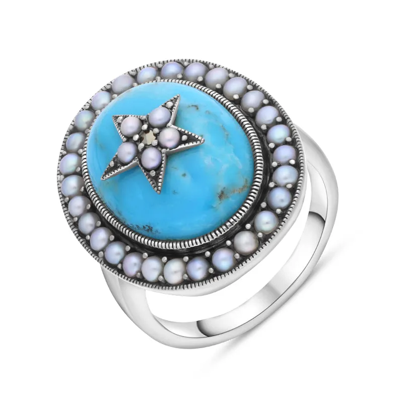 Sterling Silver Turquoise Pearl Framed Large Oval Ring sold by Jura Watches