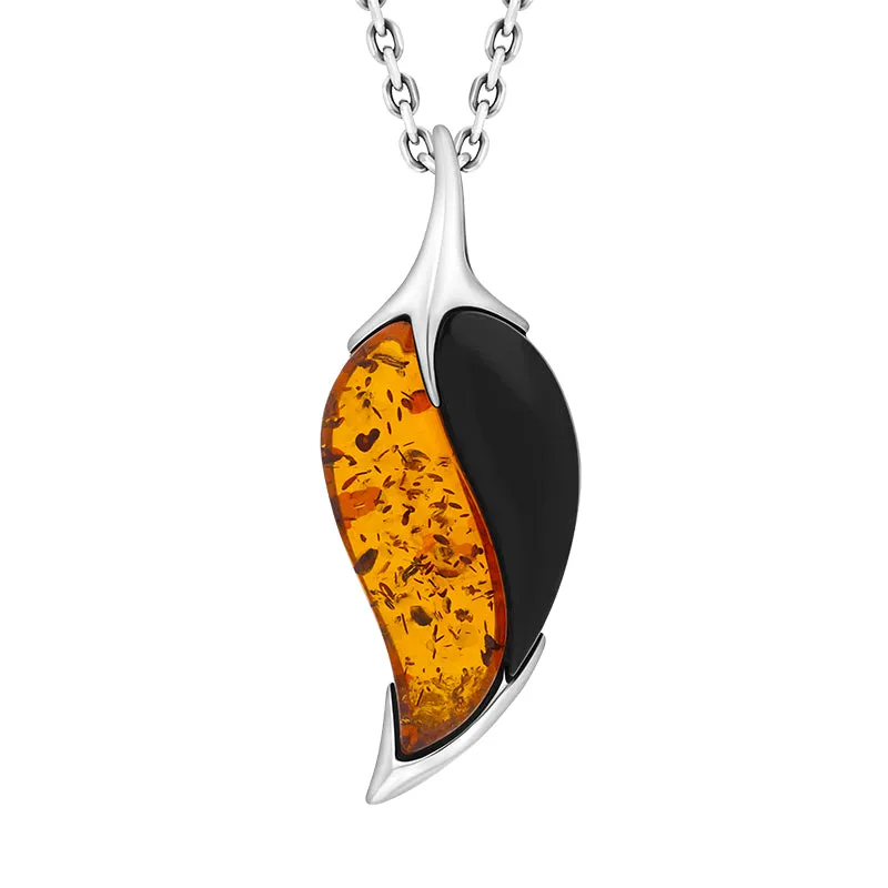 Sterling Silver Amber Whitby Jet Double Stone Leaf Necklace made by Jura Watches
