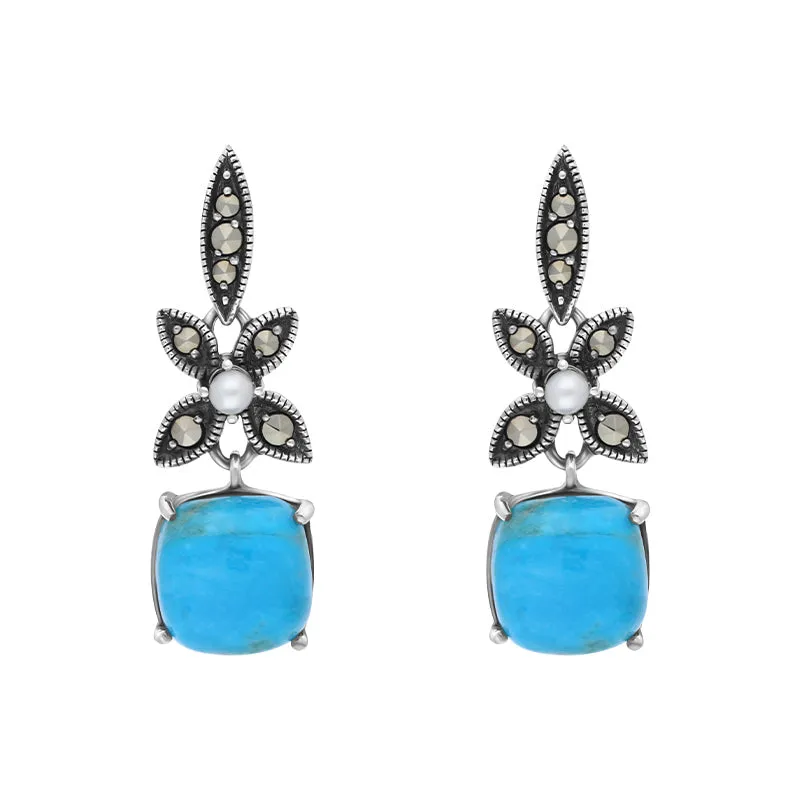 Sterling Silver Turquoise Marcasite Pearl Flower Top Drop Earrings sold by Jura Watches