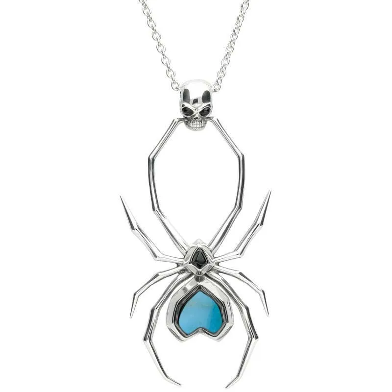 Sterling Silver Whitby Jet Turquoise Gothic Spider Skull Necklace sold by Jura Watches