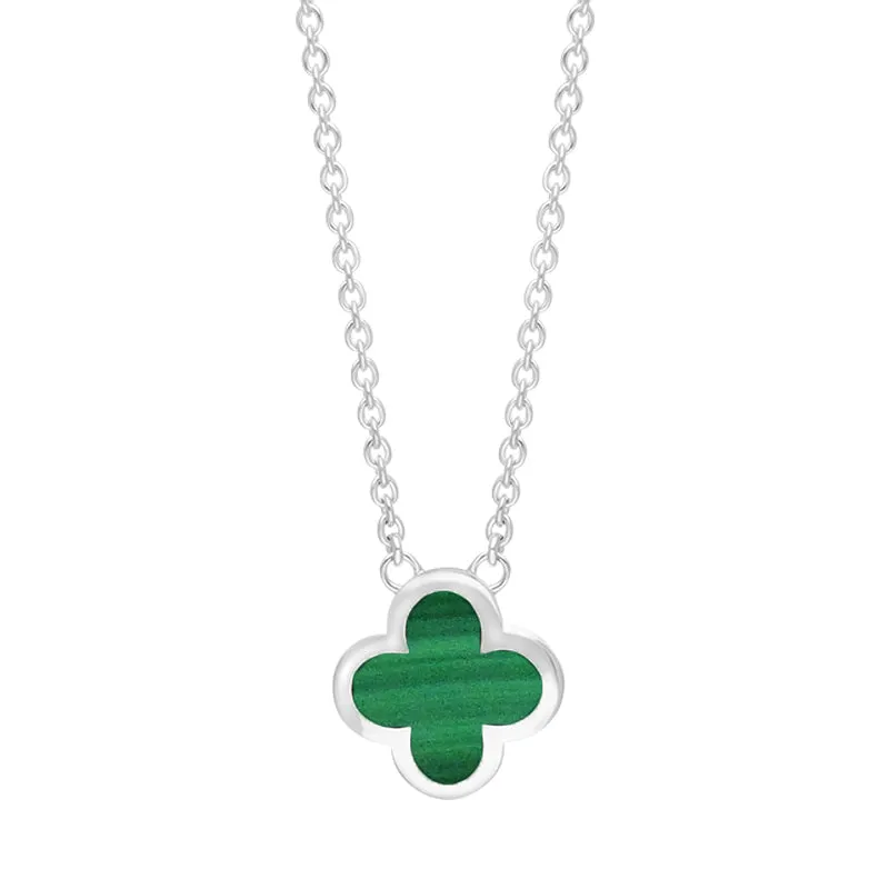 18ct White Gold Malachite Bloom Small Four Leaf Clover Polished Edge Pendant sold by Jura Watches