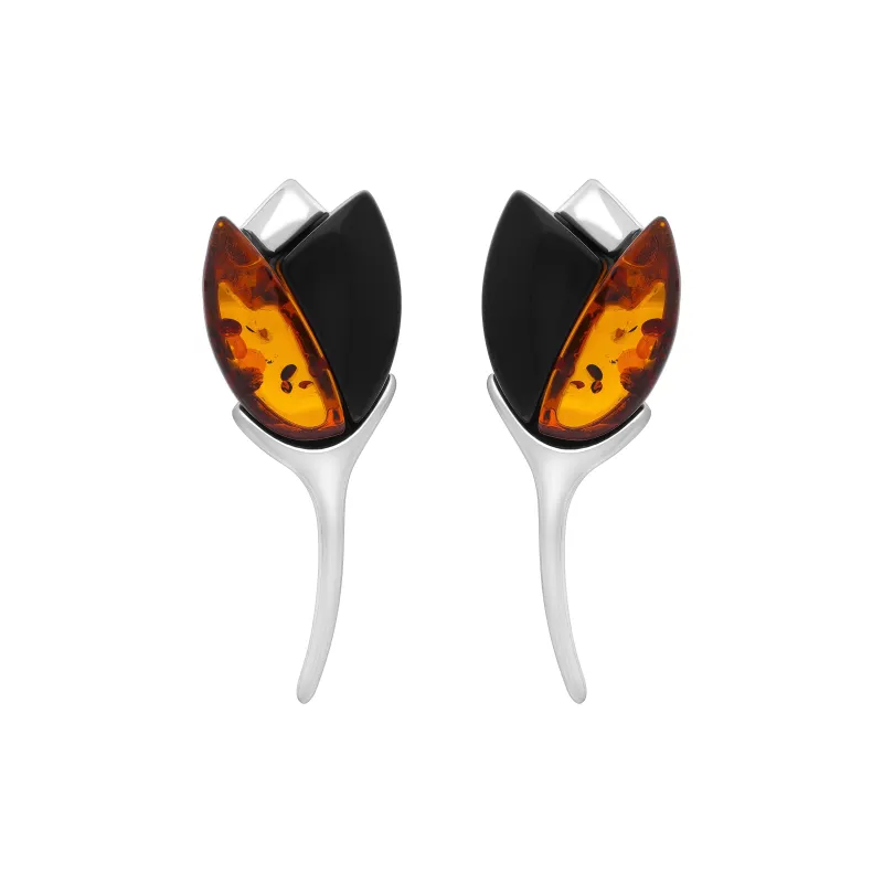 Sterling Silver Whitby Jet Amber 2 Stone Leaf Earrings sold by Jura Watches