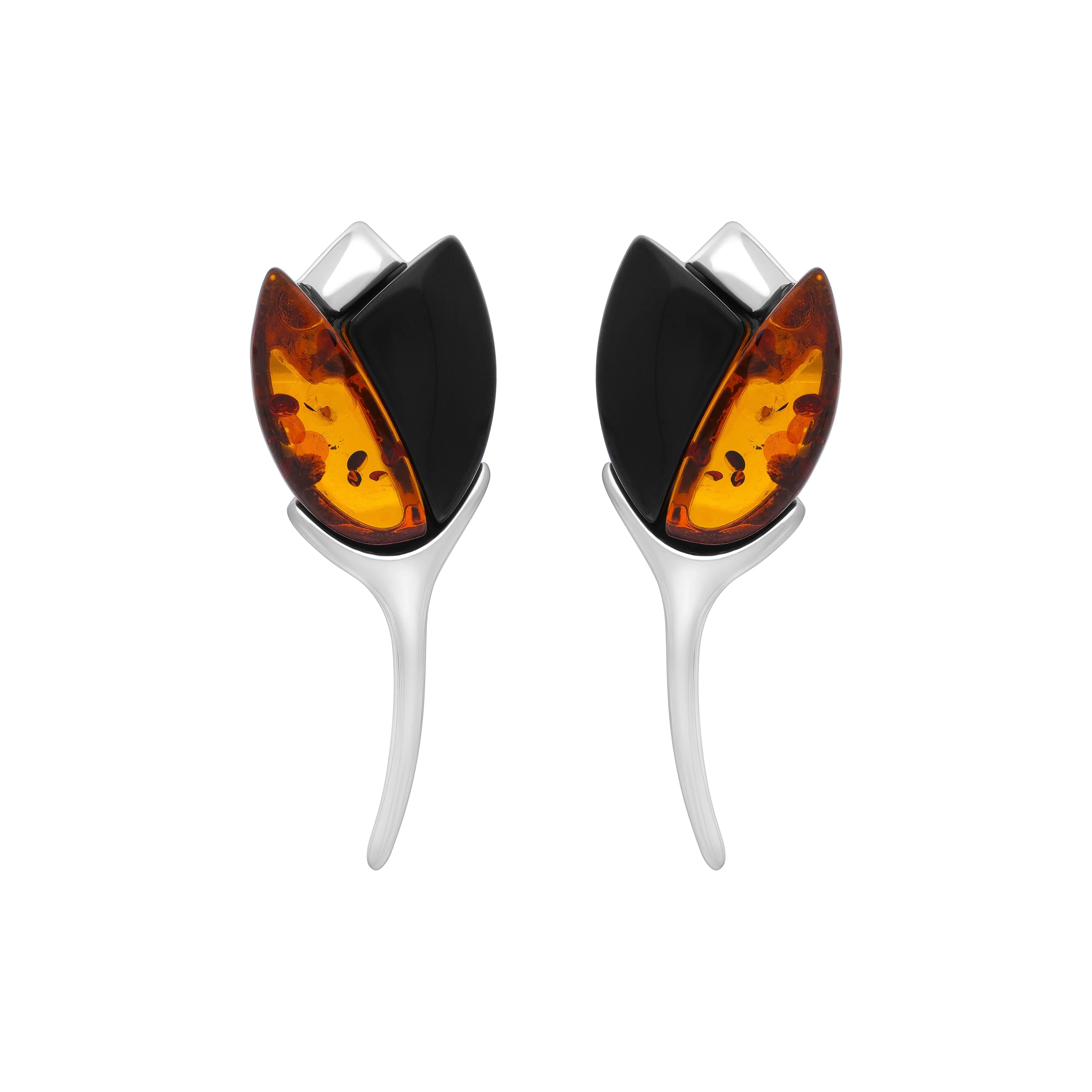 Sterling Silver Whitby Jet Amber 2 Stone Leaf Earrings sold by Jura Watches