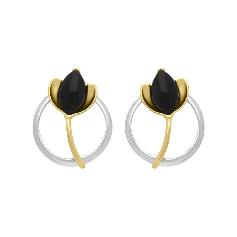 18ct Yellow Gold Plated Sterling Silver Whitby Jet Open Circle Leaf Earrings sold by Jura Watches
