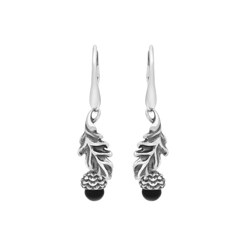 Sterling Silver Whitby Jet Acorn Leaf Hook Earrings made by Jura Watches