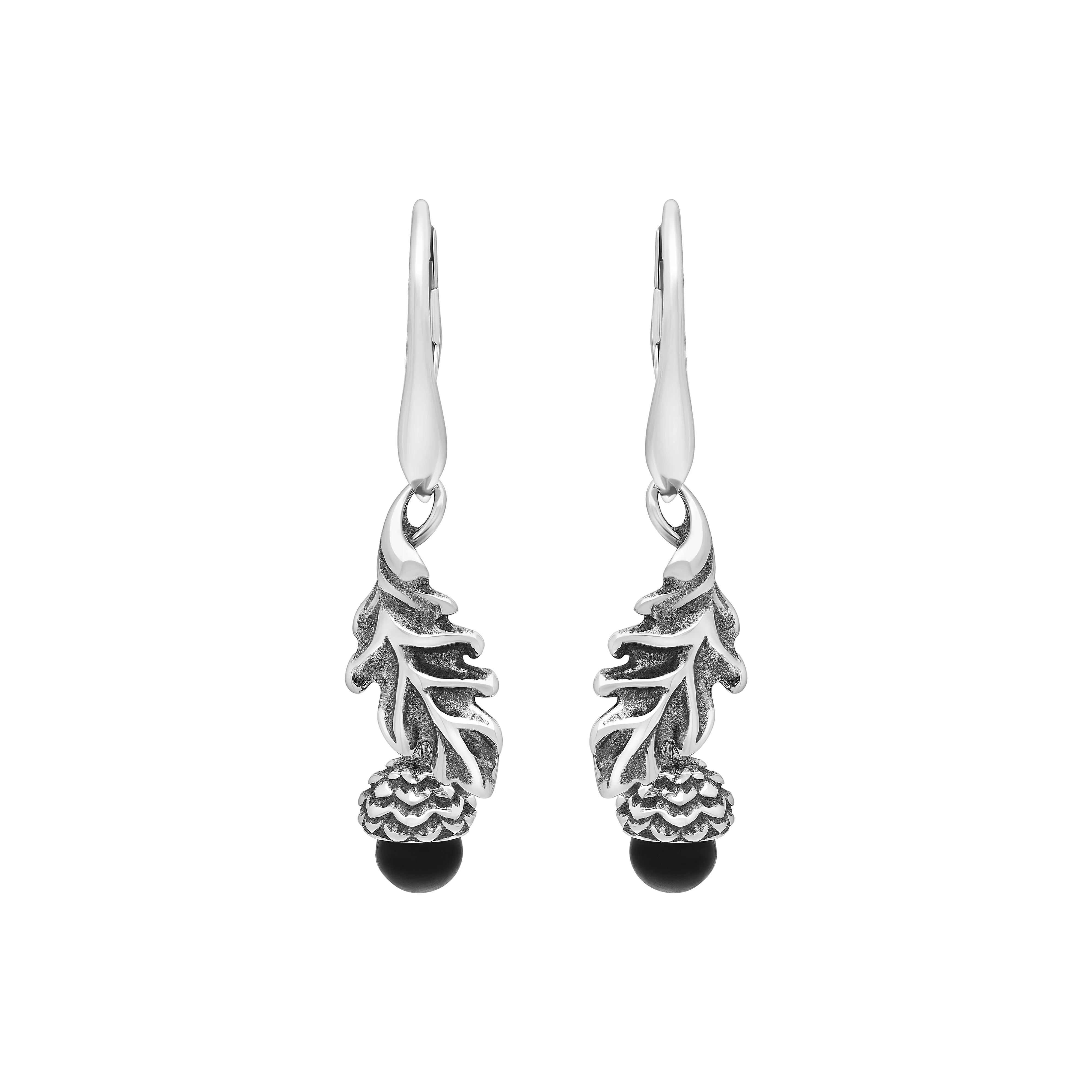 Sterling Silver Whitby Jet Acorn Leaf Hook Earrings sold by Jura Watches