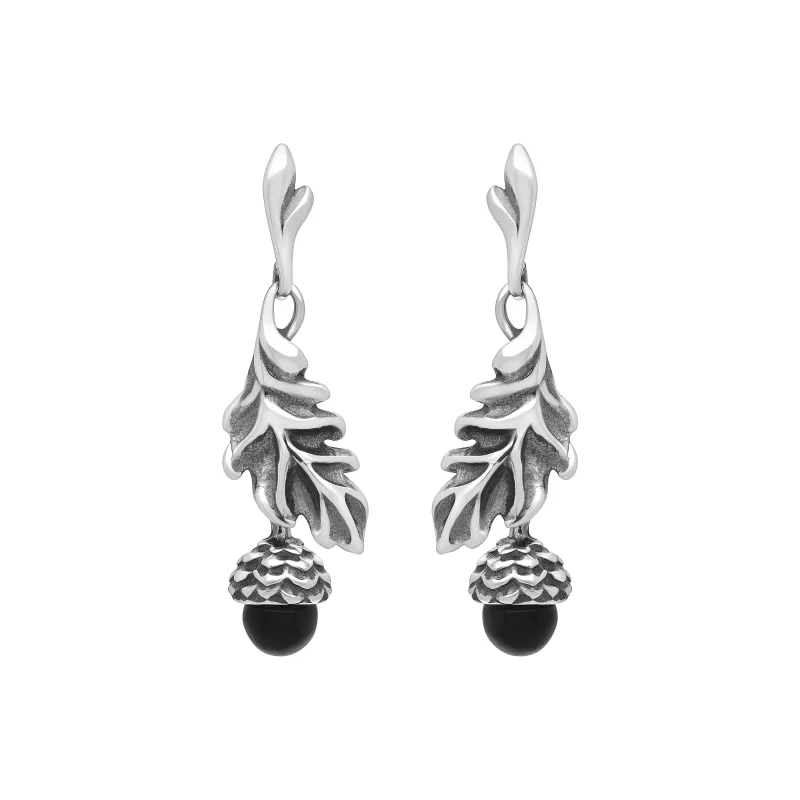 Sterling Silver Whitby Jet Acorn Leaf Drop Earrings sold by Jura Watches