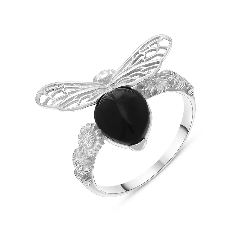 Sterling Silver Whitby Jet Small Bee Pear Ring sold by Jura Watches