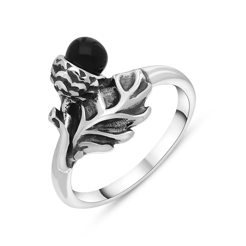 Sterling Silver Whitby Jet Acorn Leaf Ring sold by Jura Watches
