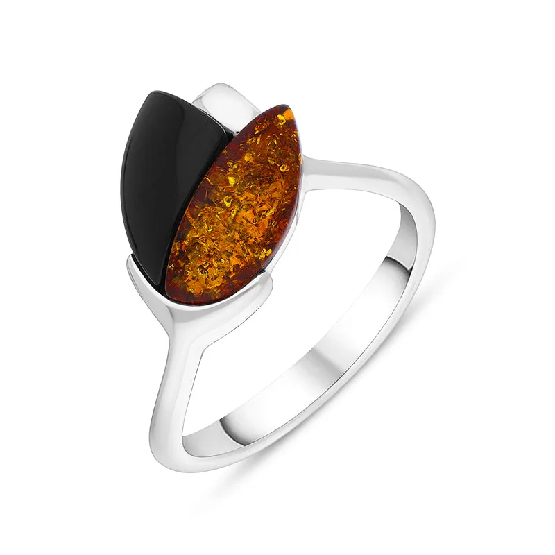 Sterling Silver Whitby Jet Amber 2 Stone Leaf Ring sold by Jura Watches
