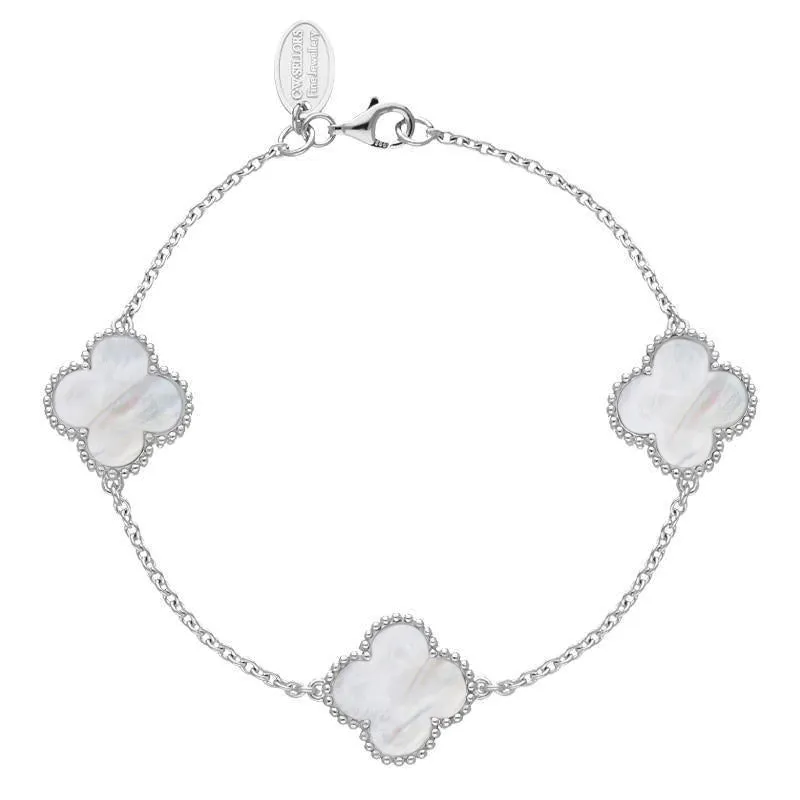 Sterling Silver White Mother of Pearl Bloom Four Leaf Clover Ball Edge Chain Bracelet sold by Jura Watches