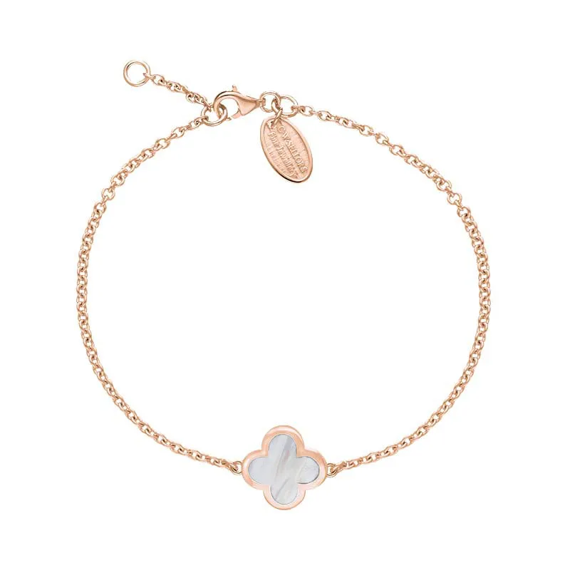 18ct Rose Gold White Mother of Pearl Bloom Four Leaf Clover Polished Edge Bracelet sold by Jura Watches