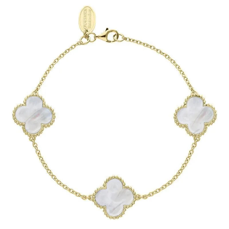 18ct Yellow Gold White Mother of Pearl Bloom Four Leaf Clover Ball Edge Chain Bracelet sold by Jura Watches