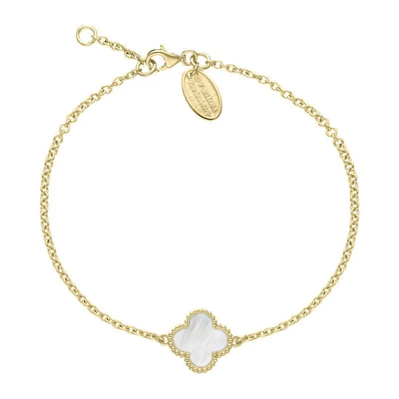 18ct Yellow Gold White Mother of Pearl Bloom Four Leaf Clover Ball Edge Chain Bracelet sold by Jura Watches