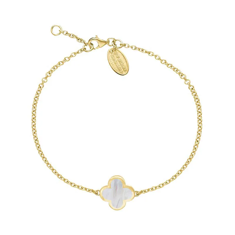 18ct Yellow Gold White Mother of Pearl Bloom Four Leaf Clover Polished Edge Bracelet sold by Jura Watches
